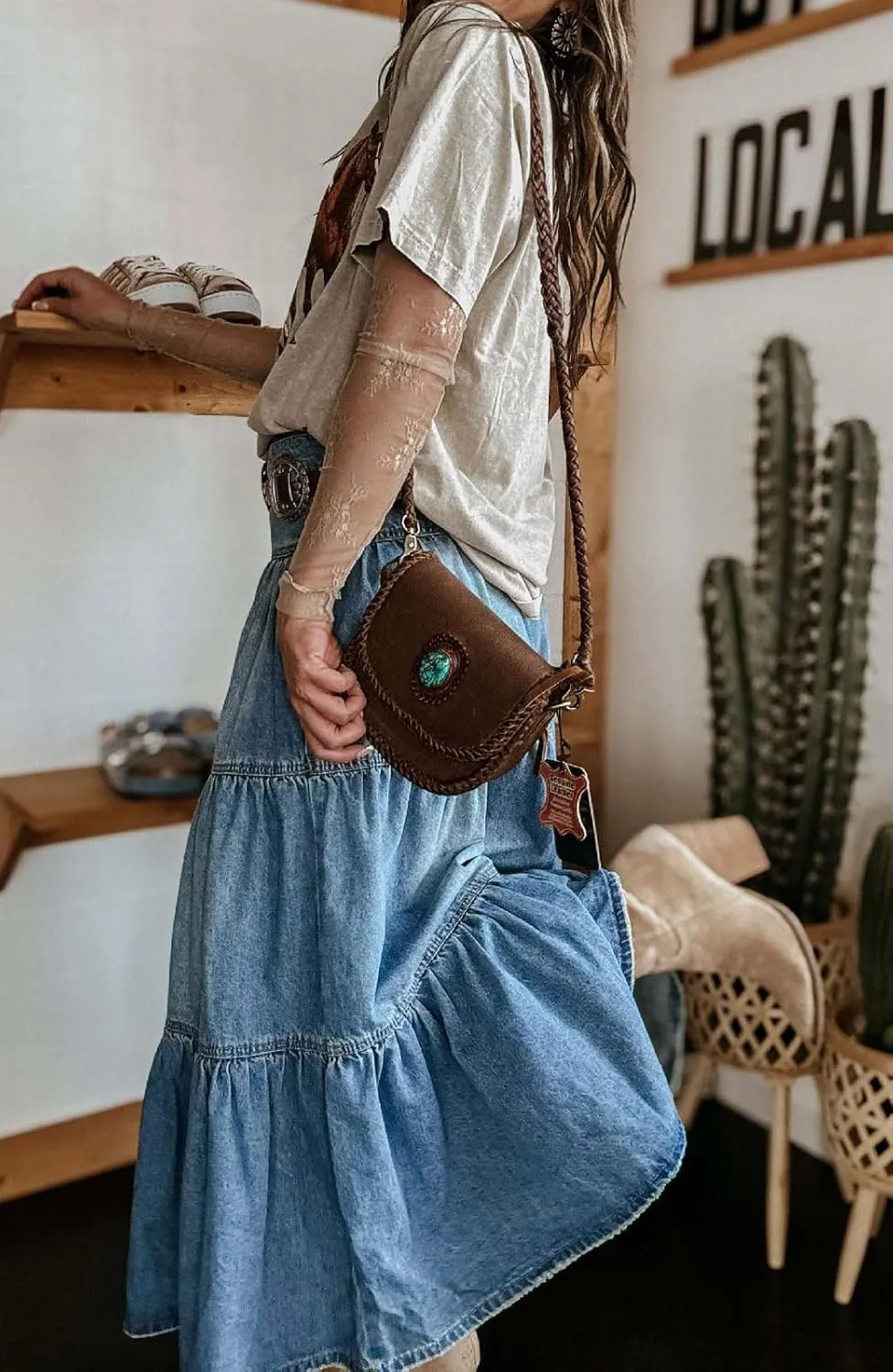 loveimgs Women High Waisted Long Jean Skirt Denim Maxi Skirt Tiered Flowy A Line Pleated Skirt Western