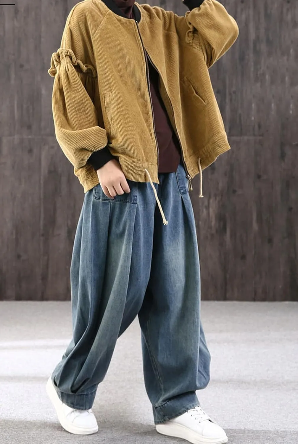 loveimgs Women Pleated Wide Leg Denim Pants Baggy Boyfriend Barrel Jeans Elastic Waist Balloon Harem Pants Y2k