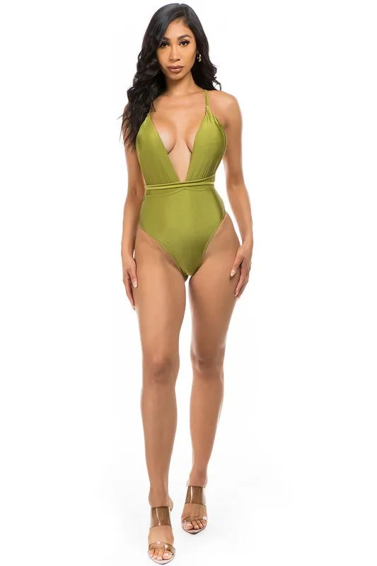 Low V-Neck Cutout Criss-Cross One-Piece Swimsuit