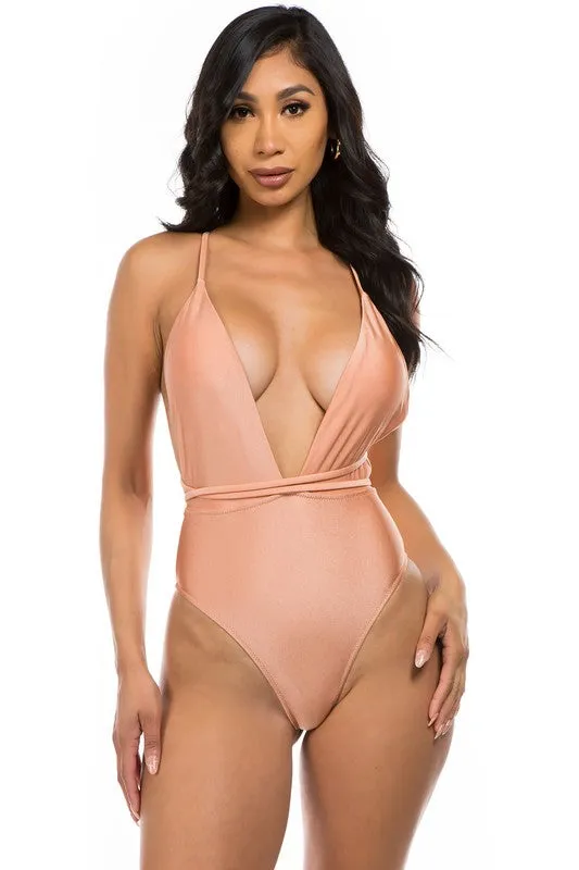 Low V-Neck Cutout Criss-Cross One-Piece Swimsuit