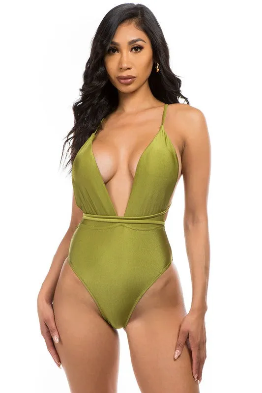 Low V-Neck Cutout Criss-Cross One-Piece Swimsuit