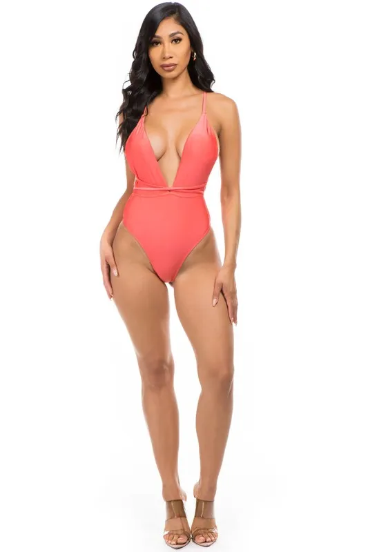 Low V-Neck Cutout Criss-Cross One-Piece Swimsuit