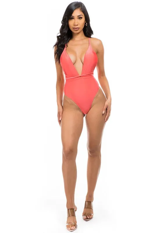 Low V-Neck Cutout Criss-Cross One-Piece Swimsuit