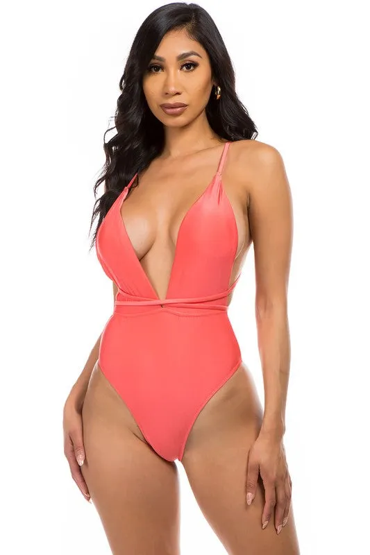 Low V-Neck Cutout Criss-Cross One-Piece Swimsuit