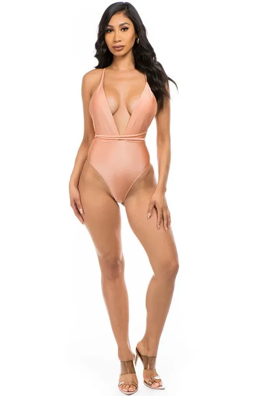 Low V-Neck Cutout Criss-Cross One-Piece Swimsuit