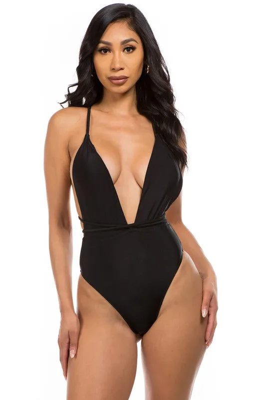 Low V-Neck Cutout Criss-Cross One-Piece Swimsuit
