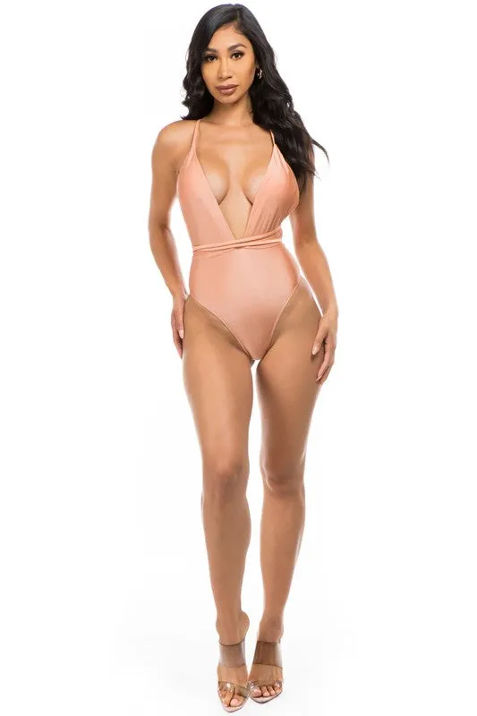 Low V-Neck Cutout Criss-Cross One-Piece Swimsuit