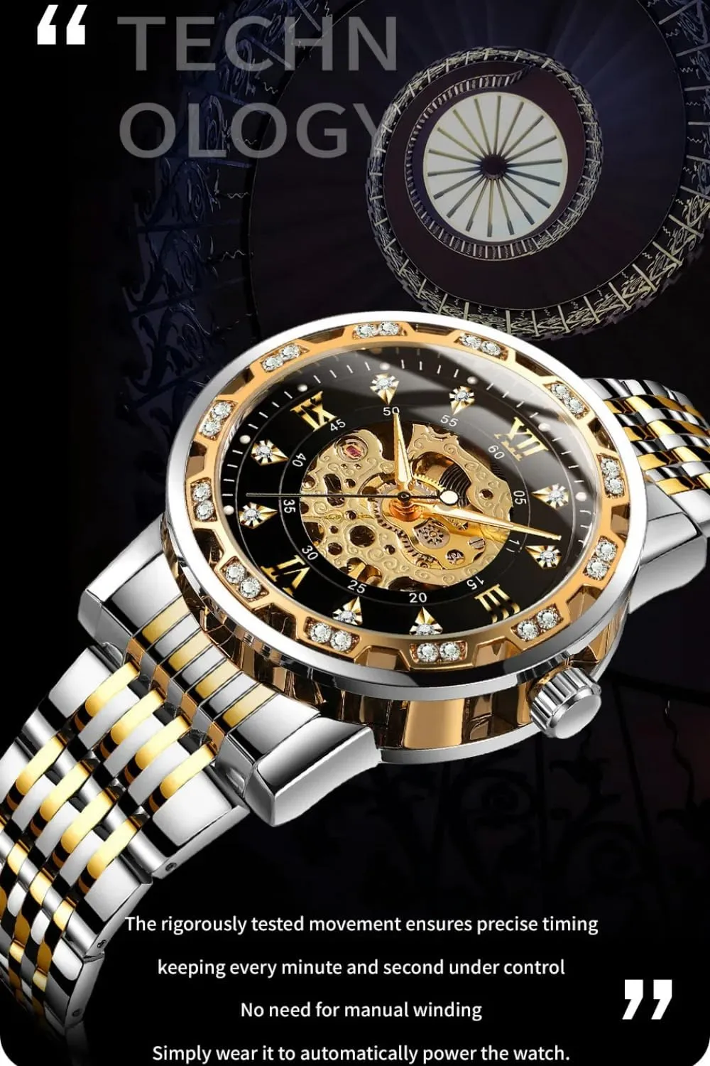 Luxury Men's Skeleton Watch Diamond Dial Black Gold Automatic Mechanical Watch for Men Self-Winding Minimalist Design Wrist Watch Waterproof Stainless Steel Male Wristwatch