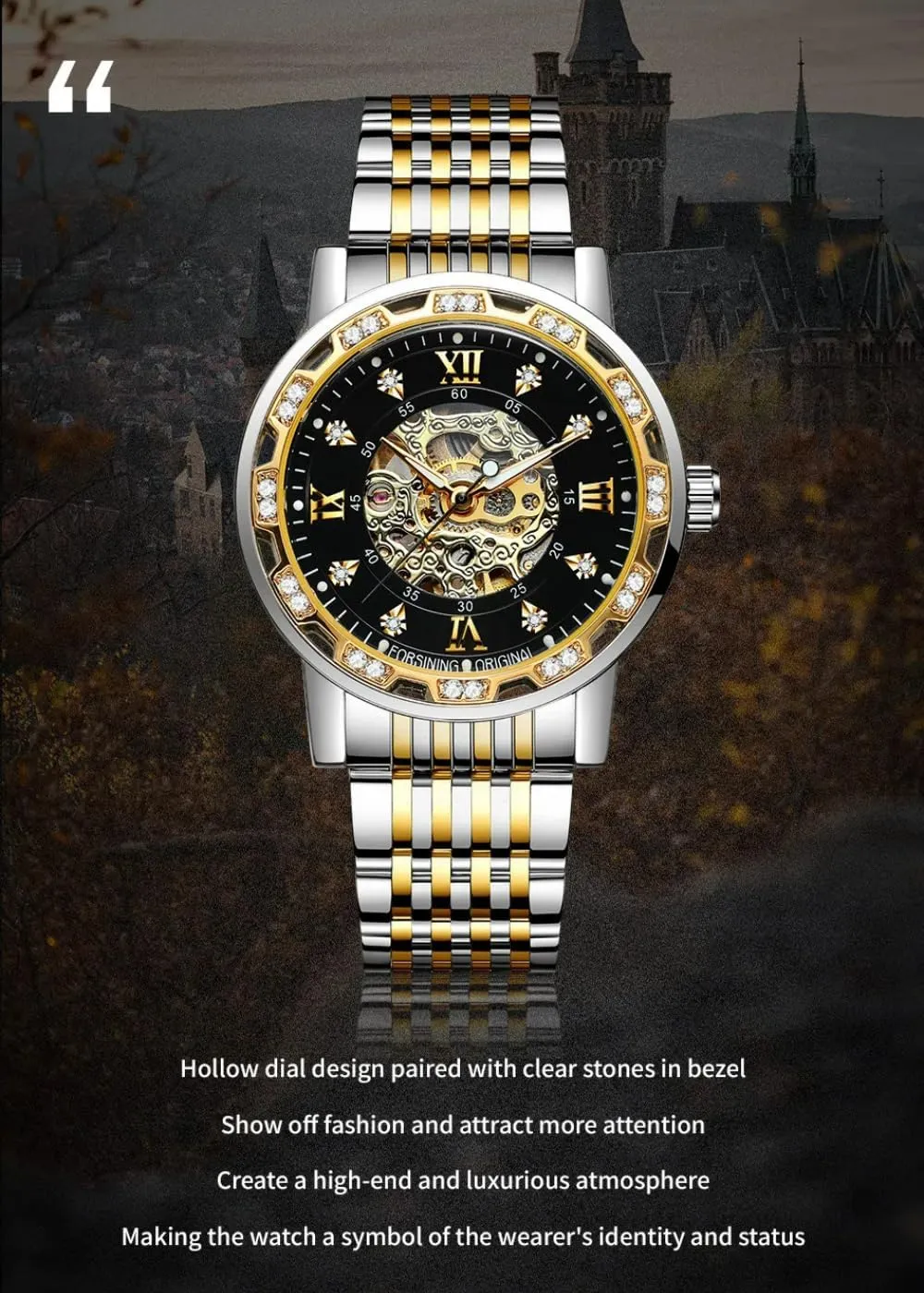 Luxury Men's Skeleton Watch Diamond Dial Black Gold Automatic Mechanical Watch for Men Self-Winding Minimalist Design Wrist Watch Waterproof Stainless Steel Male Wristwatch