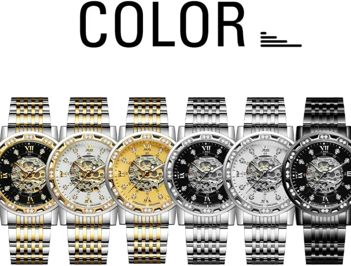 Luxury Men's Skeleton Watch Diamond Dial Black Gold Automatic Mechanical Watch for Men Self-Winding Minimalist Design Wrist Watch Waterproof Stainless Steel Male Wristwatch