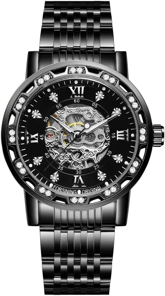 Luxury Men's Skeleton Watch Diamond Dial Black Gold Automatic Mechanical Watch for Men Self-Winding Minimalist Design Wrist Watch Waterproof Stainless Steel Male Wristwatch