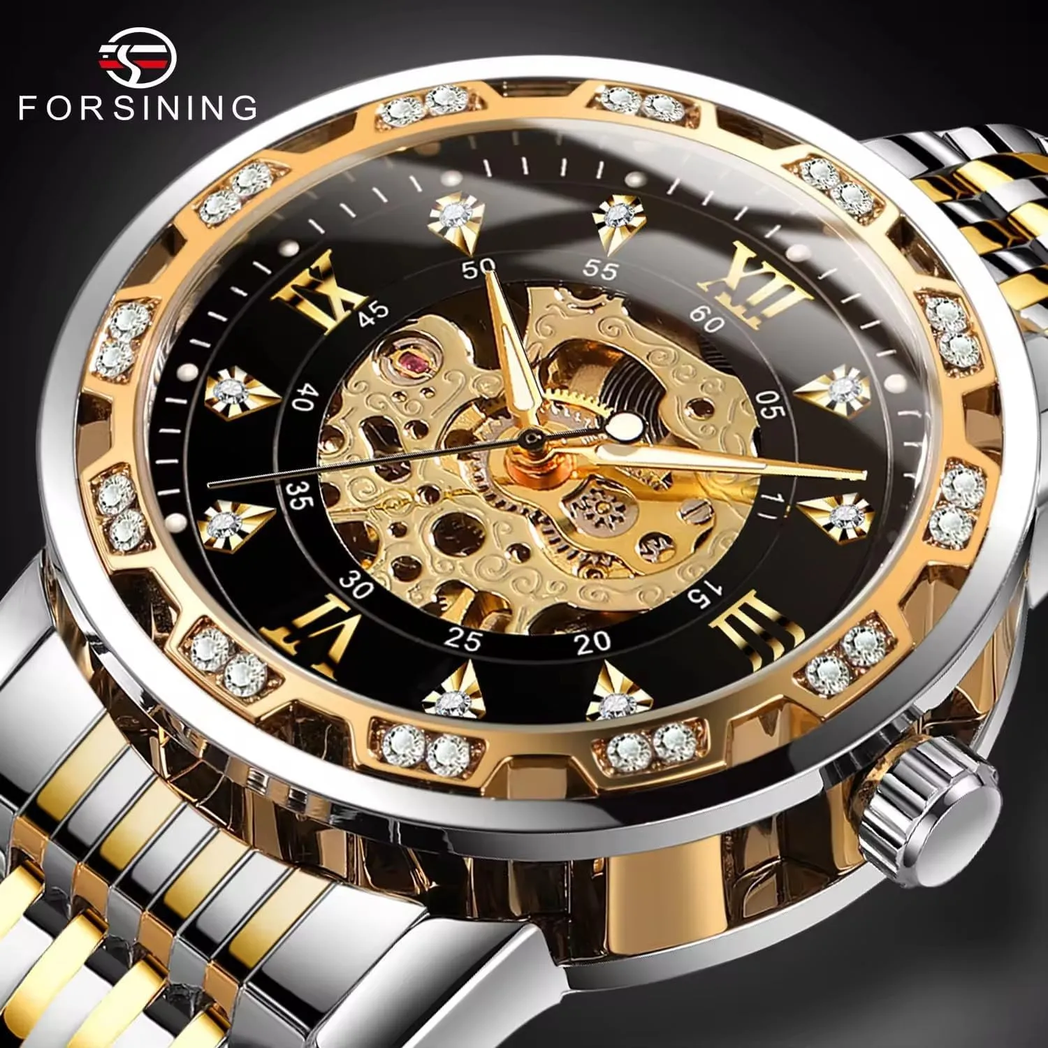 Luxury Men's Skeleton Watch Diamond Dial Black Gold Automatic Mechanical Watch for Men Self-Winding Minimalist Design Wrist Watch Waterproof Stainless Steel Male Wristwatch