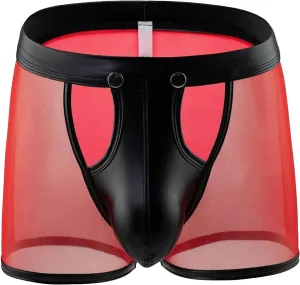 Maiyifu-GJ Men's See Through Bulge Pouch Sexy Underwear Faux Leather Breathable Mesh Briefs Short Leg Underpants