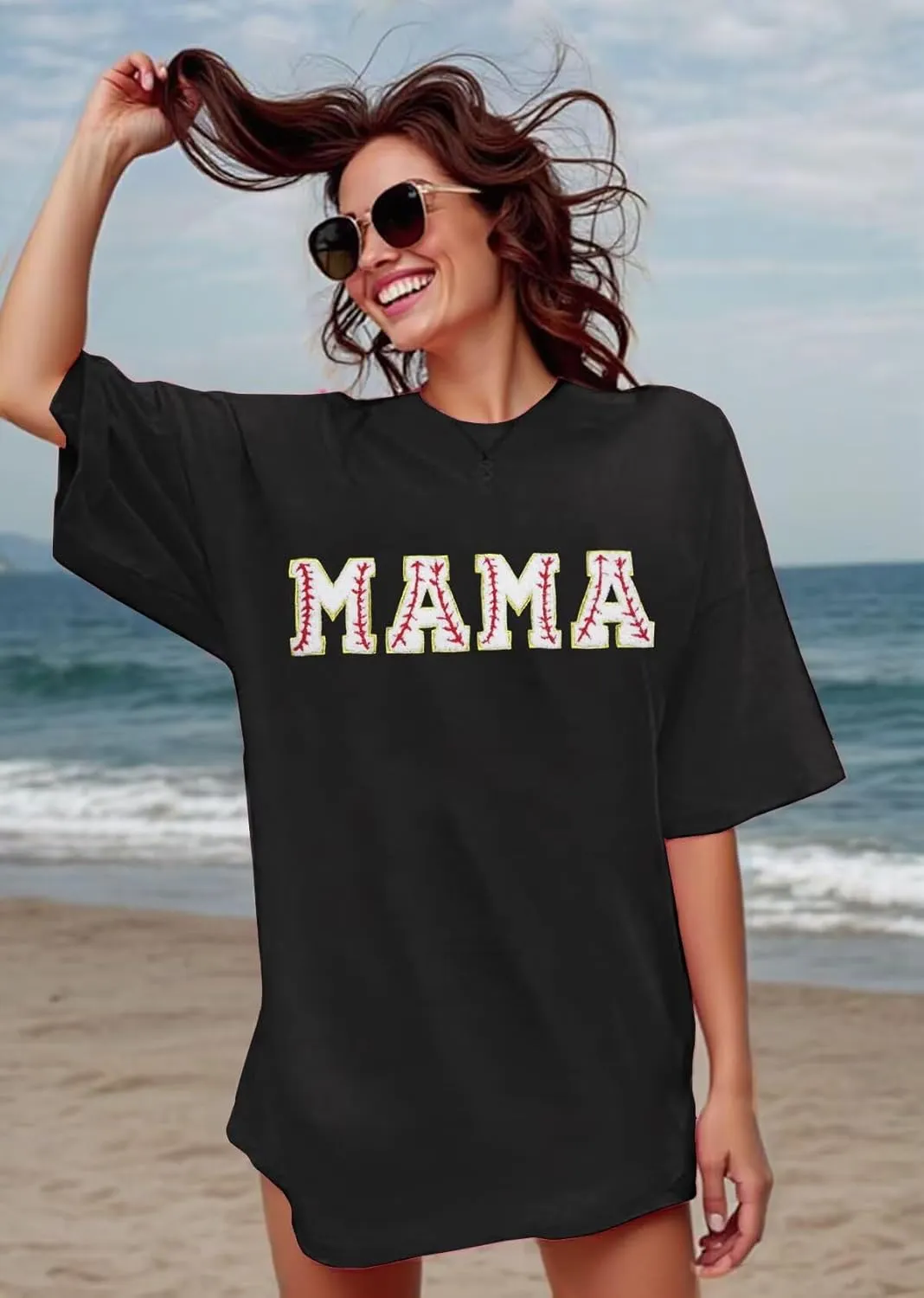 Mama Oversized Tshirts for Women Cute Mama Letter Print Shirts Mother's Day Graphic Tees Mom Casual Tshirt Loose Fit