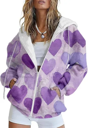 MARSVOVO Valentines Day Cute Love Heart Womens Zip Up Hoodie Fashion Casual Ladies Jacket Long Sleeve Hooded Sweatshirts