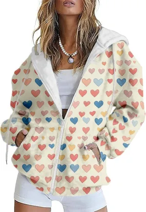 MARSVOVO Valentines Day Cute Love Heart Womens Zip Up Hoodie Fashion Casual Ladies Jacket Long Sleeve Hooded Sweatshirts
