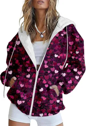 MARSVOVO Valentines Day Cute Love Heart Womens Zip Up Hoodie Fashion Casual Ladies Jacket Long Sleeve Hooded Sweatshirts