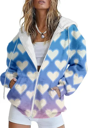 MARSVOVO Valentines Day Cute Love Heart Womens Zip Up Hoodie Fashion Casual Ladies Jacket Long Sleeve Hooded Sweatshirts