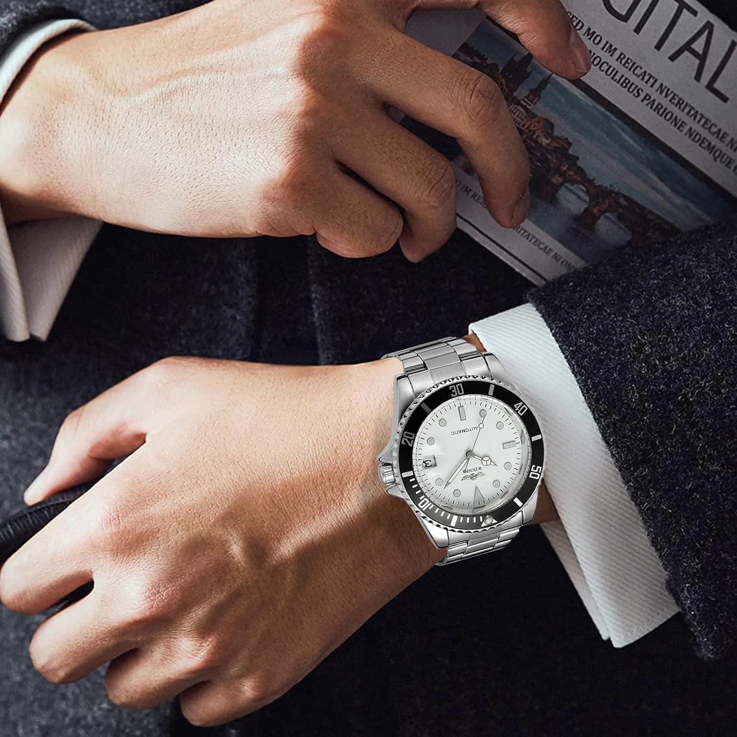 MASTOP Men Automatic Mechanical Watches Full Steel Waterproof Mens Watches with Calendar