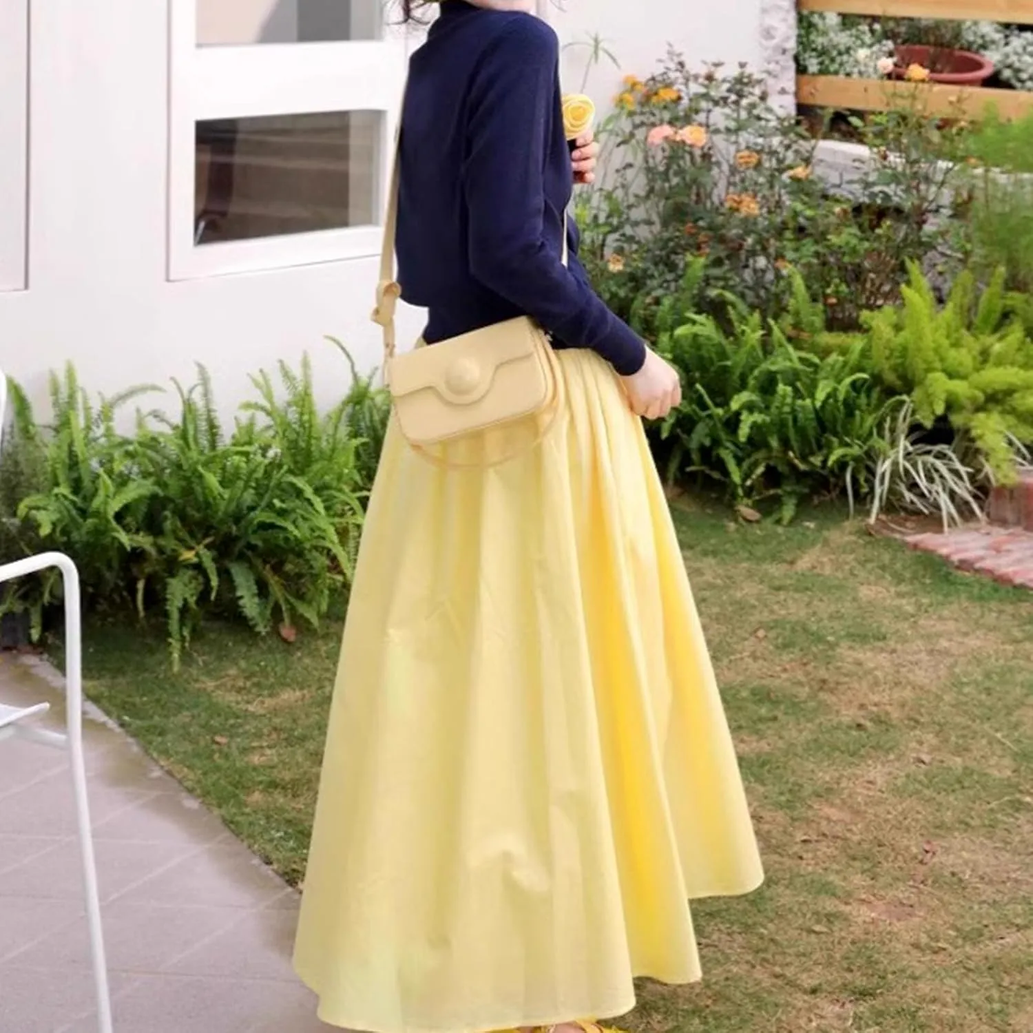 Maxi Skirt for Women Cute mid Waisted Skirt Casual Denim Long Skirt Yellow A Style Skirt