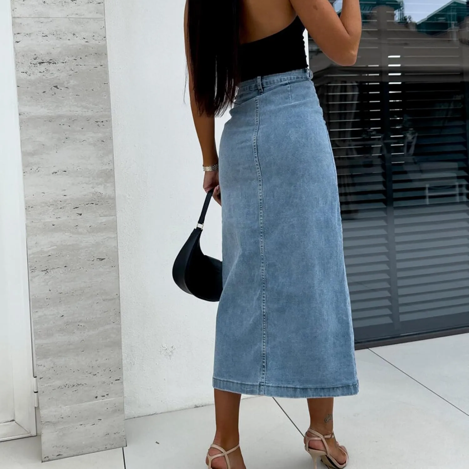 Maxi Skirt for Women High Waisted Button Down Split Pencil Skirt Sexy Long Denim Skirt with Buckle