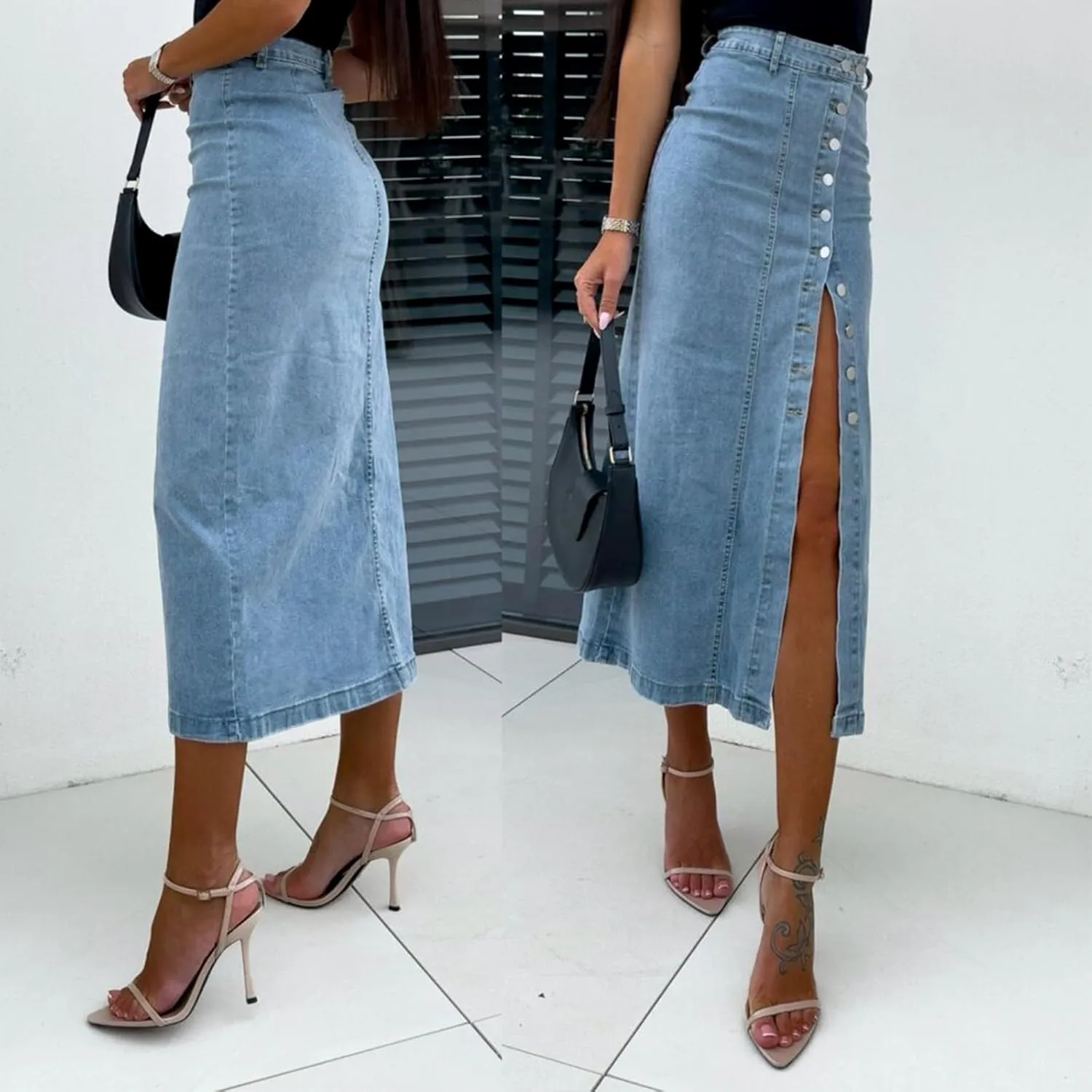 Maxi Skirt for Women High Waisted Button Down Split Pencil Skirt Sexy Long Denim Skirt with Buckle
