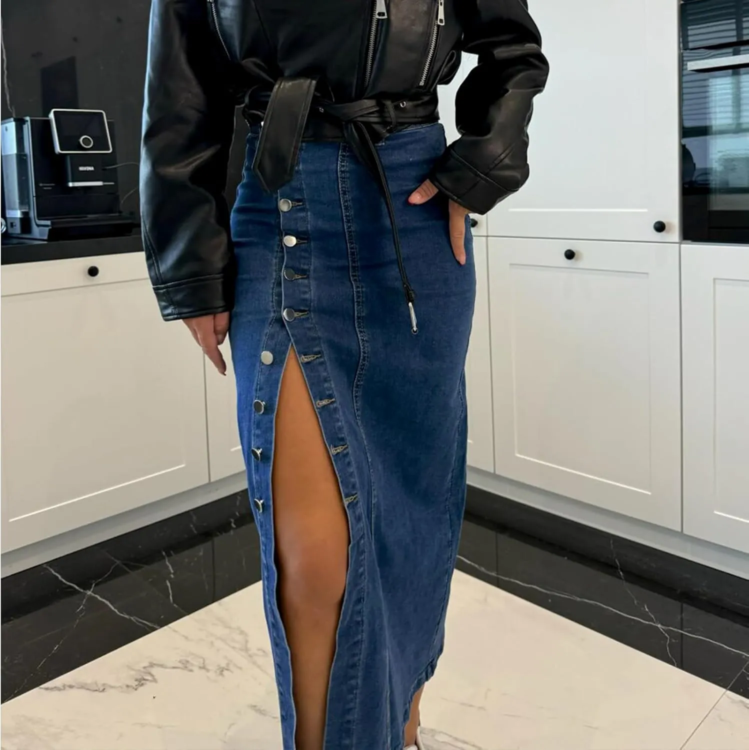 Maxi Skirt for Women High Waisted Button Down Split Pencil Skirt Sexy Long Denim Skirt with Buckle