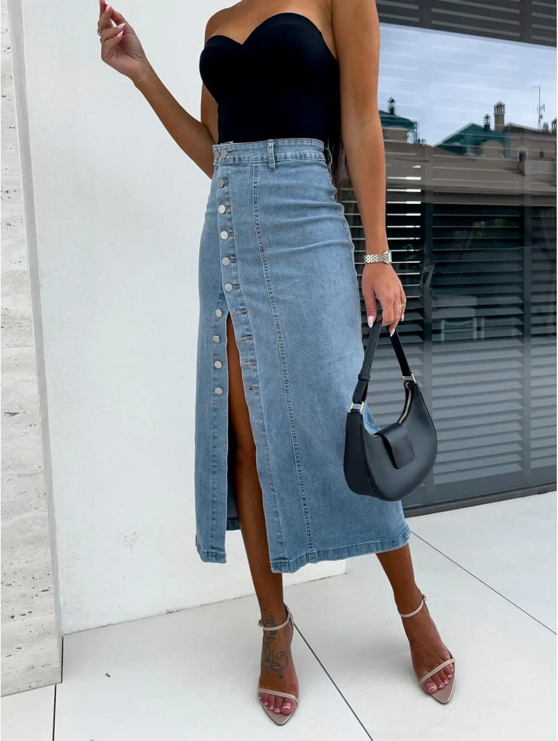Maxi Skirt for Women High Waisted Button Down Split Pencil Skirt Sexy Long Denim Skirt with Buckle