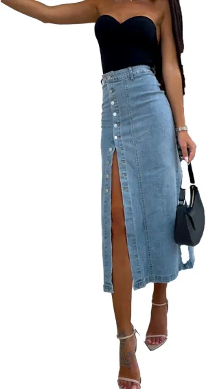 Maxi Skirt for Women High Waisted Button Down Split Pencil Skirt Sexy Long Denim Skirt with Buckle
