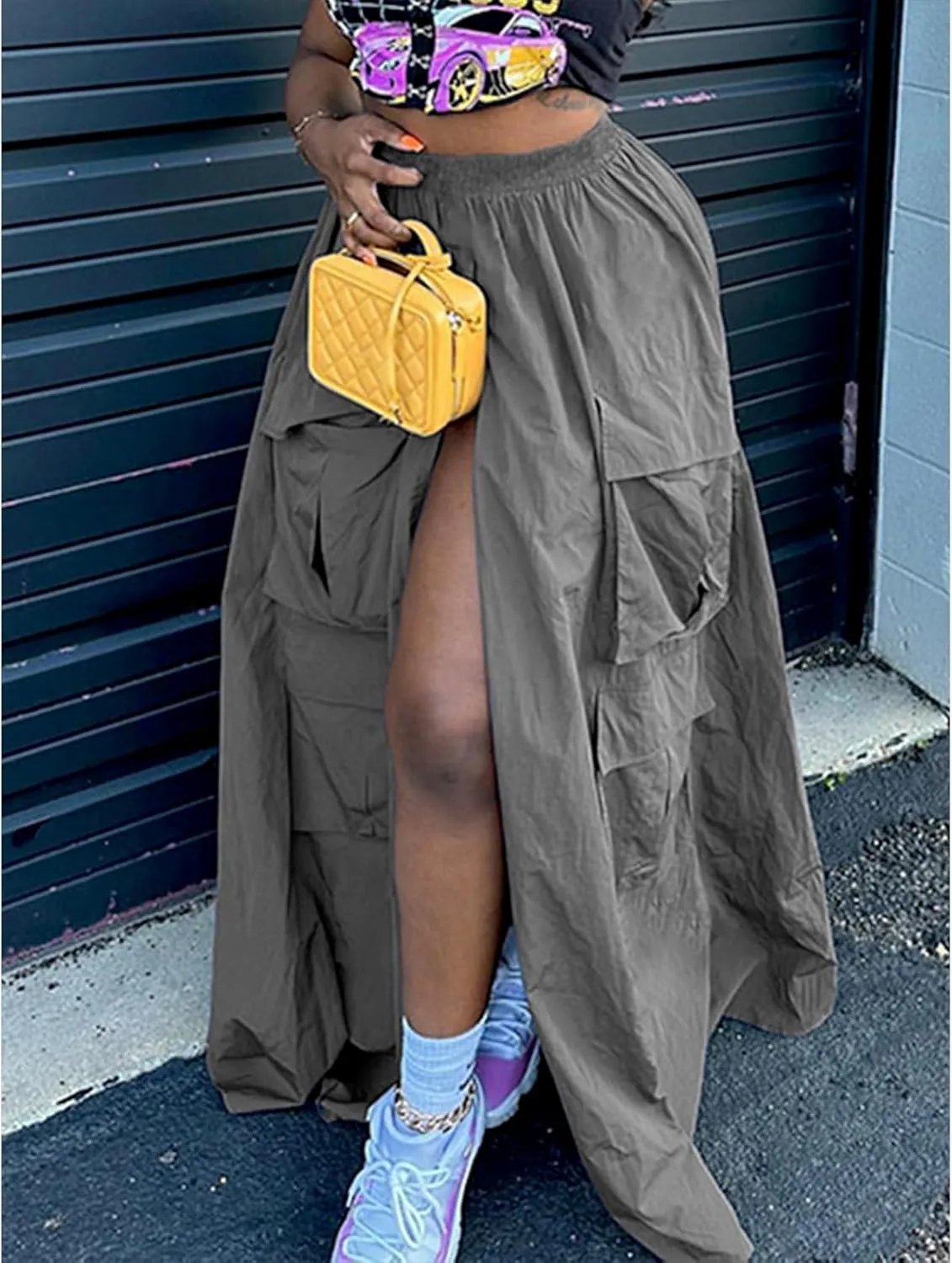 Maxi Skirt for Women Mid Waisted Skirt Casual Sexy Long Skirt Grey High Split Style Skirt