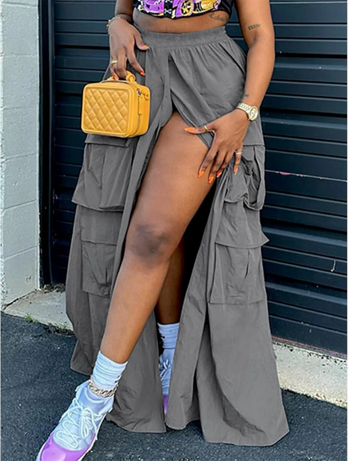 Maxi Skirt for Women Mid Waisted Skirt Casual Sexy Long Skirt Grey High Split Style Skirt