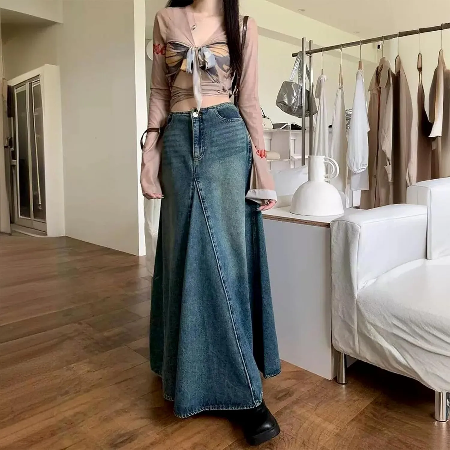 Maxi Skirt for Women Sexy High Waisted Skirt Casual Denim Long Skirt Colorful Polyester A Style Skirt