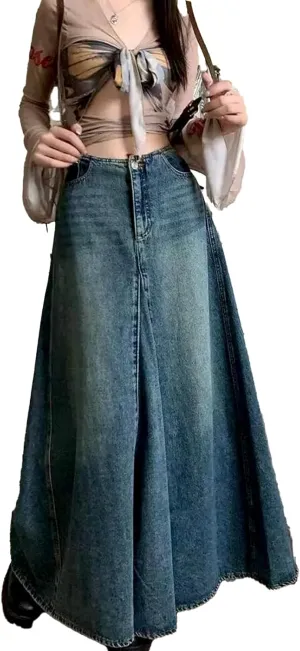 Maxi Skirt for Women Sexy High Waisted Skirt Casual Denim Long Skirt Colorful Polyester A Style Skirt