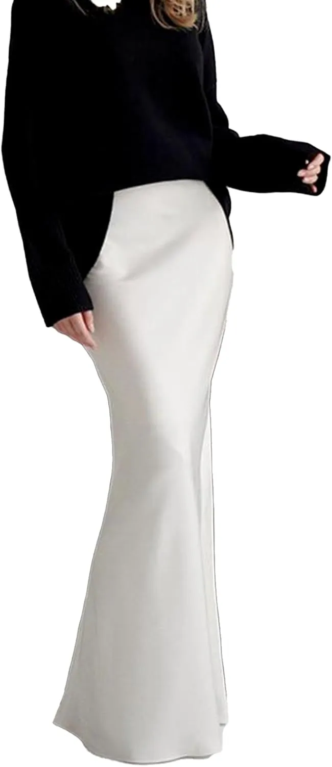 Maxi Skirt for Women White Small High Waisted Skirt Casual Plaid Long Skirt Colorful Polyester Mermaid Skirt