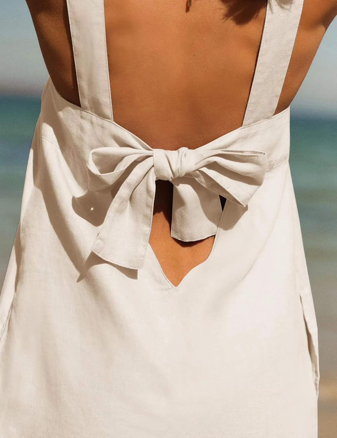 Melliflo Bow Cotton Linen Mini Dress Crew Neck Sleeveless Backless Tank Dress with Pockets Summer Cute Short Beach Sundress