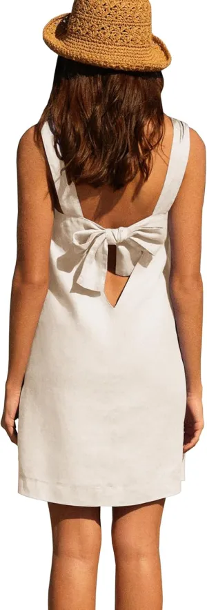 Melliflo Bow Cotton Linen Mini Dress Crew Neck Sleeveless Backless Tank Dress with Pockets Summer Cute Short Beach Sundress