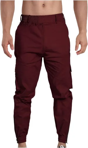 Men Cargo Pants Elastic Waist Cotton Casual Pants Slim Tapered Pants Solid Colour Trousers Sport Pants with Pockets