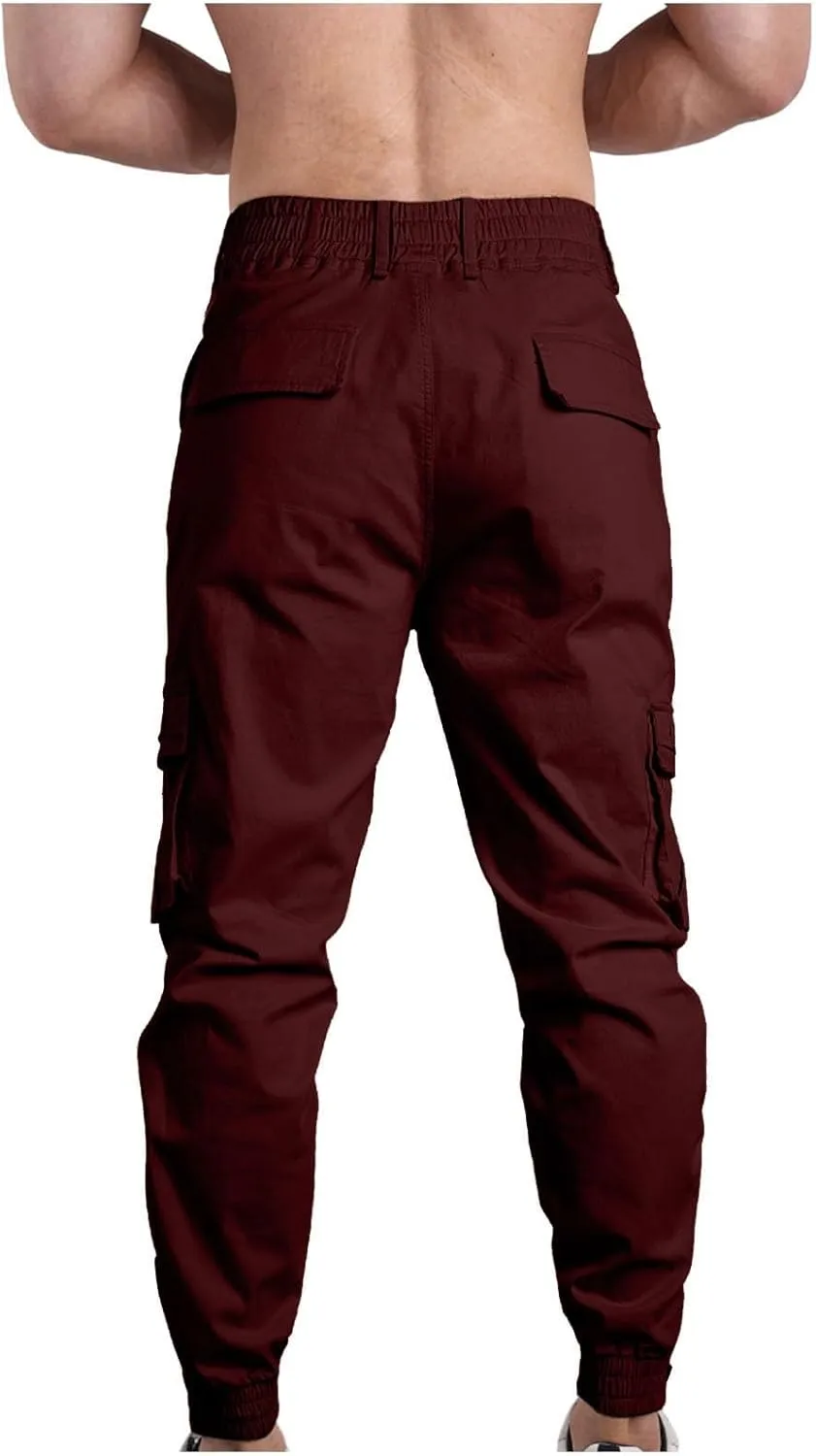 Men Cargo Pants Elastic Waist Cotton Casual Pants Slim Tapered Pants Solid Colour Trousers Sport Pants with Pockets