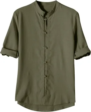 Mens 3/4 Length Sleeve Shirts Casual Button Up Summer Linen Shirt Loose Fit Solid Color Vacation Trendy Outfits