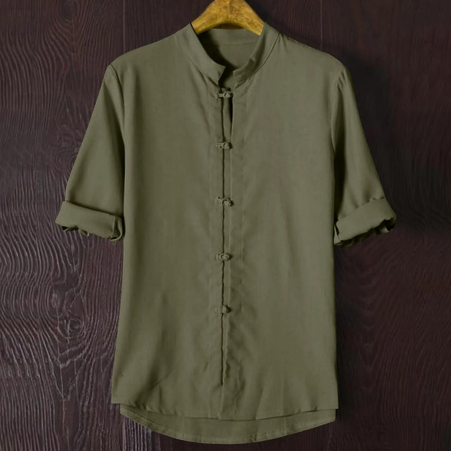Mens 3/4 Length Sleeve Shirts Casual Button Up Summer Linen Shirt Loose Fit Solid Color Vacation Trendy Outfits