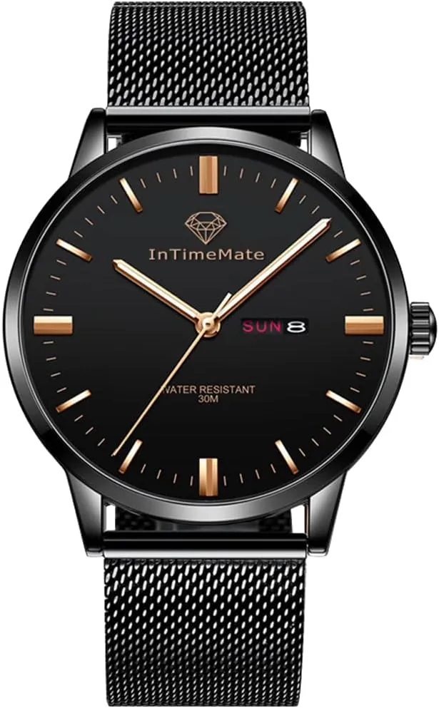 Men's Black Watch Analog Wristwatch with Day Date, 41mm Diameter, Stainless Steel Band, 30M Waterproof