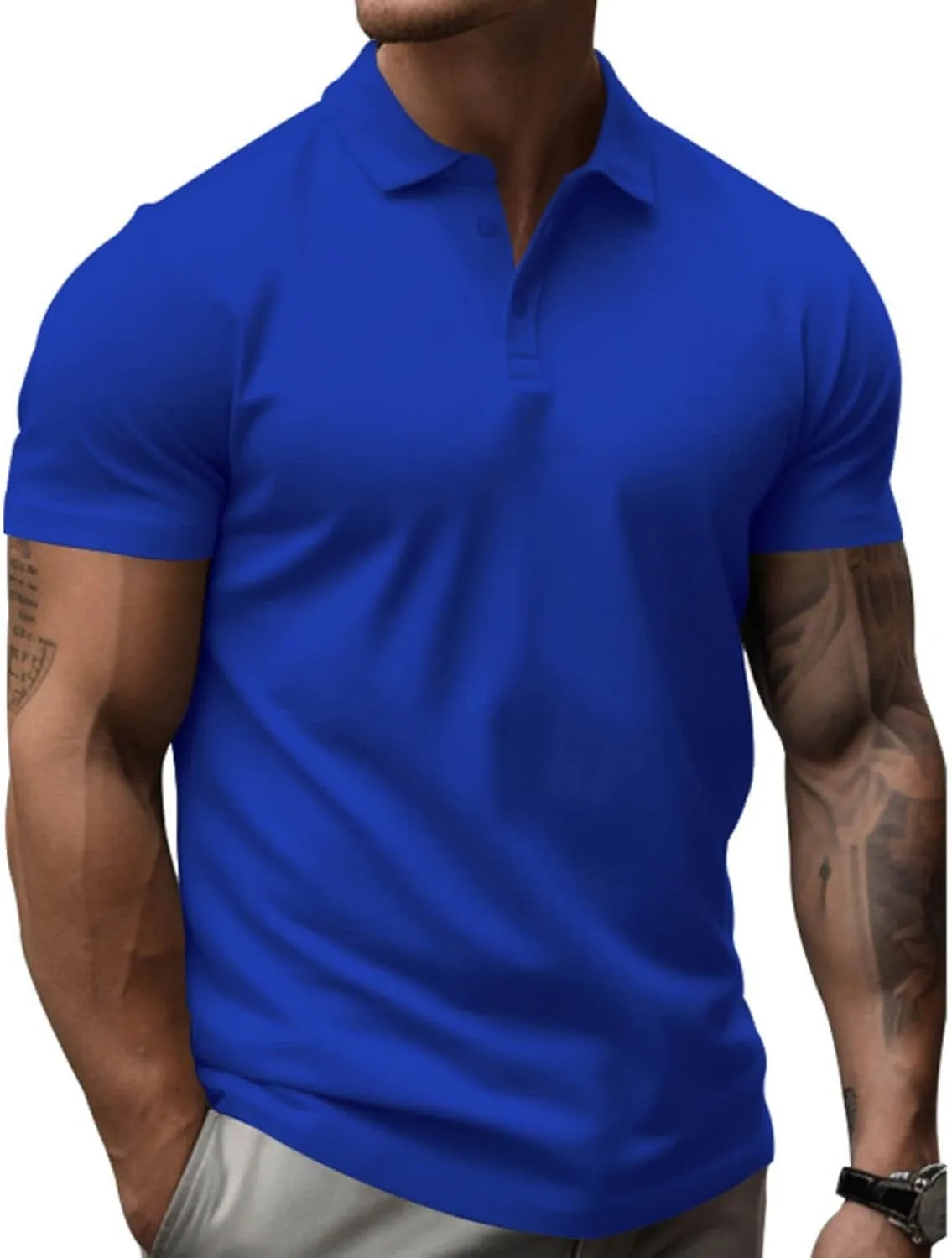 Mens Business T Shirt Solid Color Short Sleeve Lapel Tops Slim Fit Polo Tees Muscle Bodybuilding Sport Workout Shirts