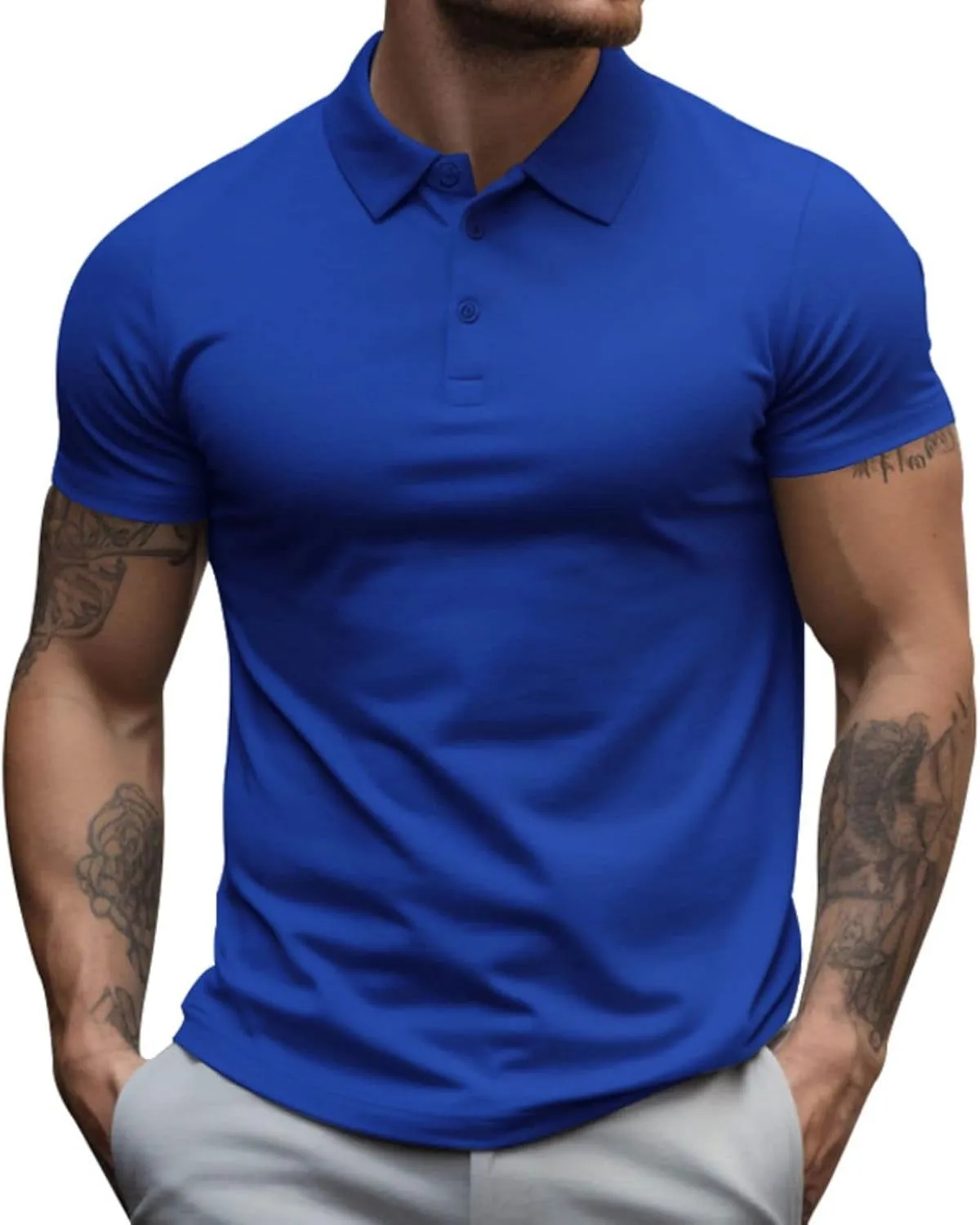 Mens Business T Shirt Solid Color Short Sleeve Lapel Tops Slim Fit Polo Tees Muscle Bodybuilding Sport Workout Shirts