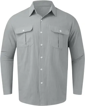 Mens Button Down Shirts Casual Long Sleeve Comfy Cotton Linen Shirts Loose Trendy Lapel Collar Blouse with Pocket