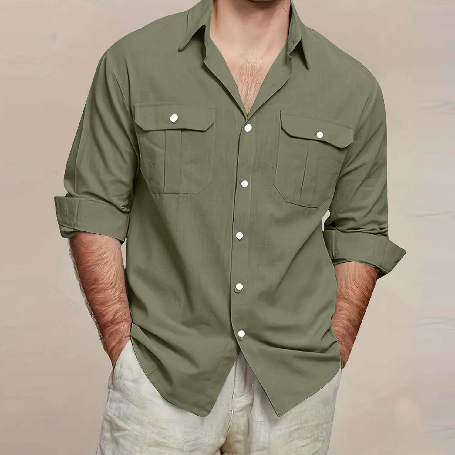 Mens Button Down Shirts Casual Long Sleeve Comfy Cotton Linen Shirts Loose Trendy Lapel Collar Blouse with Pocket