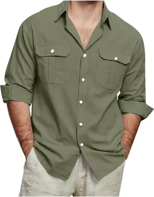 Mens Button Down Shirts Casual Long Sleeve Comfy Cotton Linen Shirts Loose Trendy Lapel Collar Blouse with Pocket