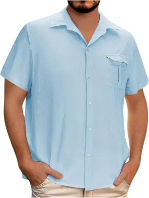 Men's Casual Cotton Linen Shirts Short Sleeve Button Down Shirt Summer Beach Tops Vacation Wedding Party Outfits