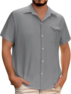 Men's Casual Cotton Linen Shirts Short Sleeve Button Down Shirt Summer Beach Tops Vacation Wedding Party Outfits