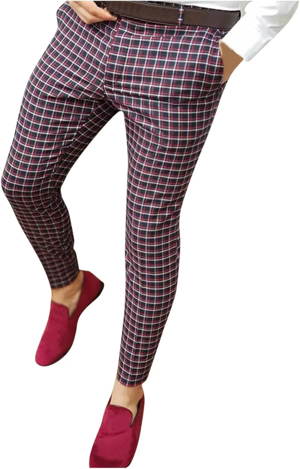 Men's Casual Stretch Business Dress Pants Slim Fit Plaid Stylish Golf Chino Pants Skinny Flat-Front Tapered Work Pant