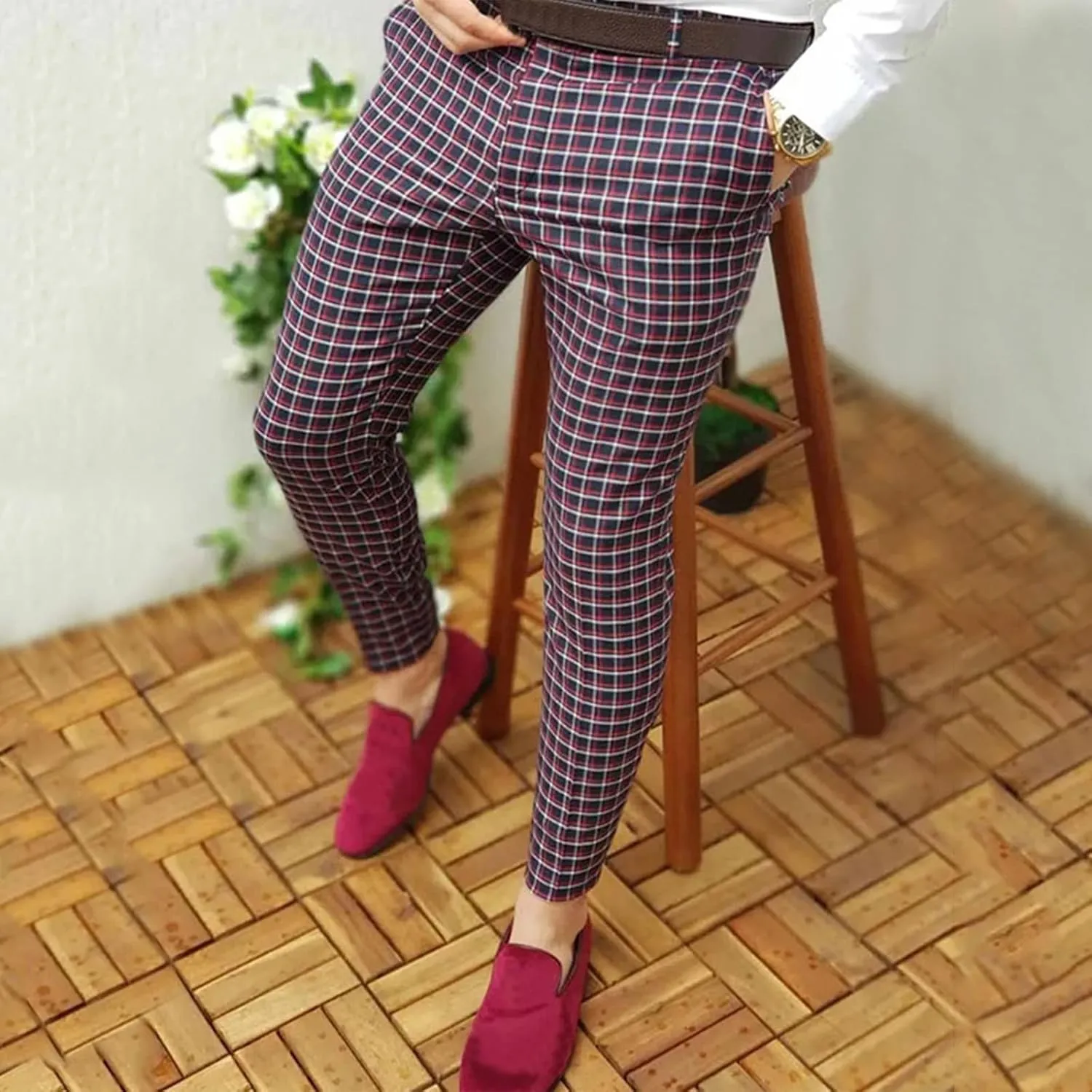 Men's Casual Stretch Business Dress Pants Slim Fit Plaid Stylish Golf Chino Pants Skinny Flat-Front Tapered Work Pant